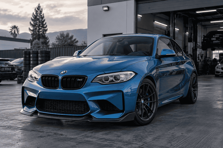 Front three-quarter concept of a blue BMW F87 M2 with a carbon front lip