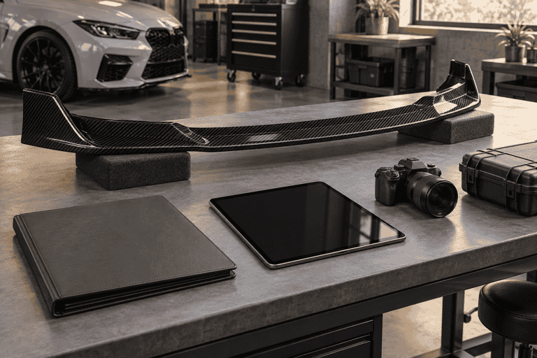Concept of a carbon fiber front lip on padded supports beside a tablet and document folder.