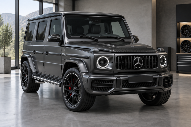 Concept of a graphite Mercedes-Benz G-Class with carbon hood styling and exterior trim.