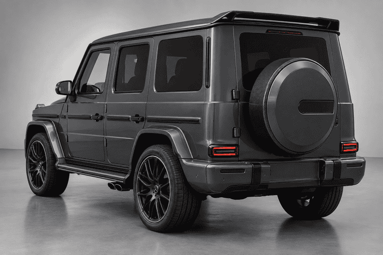 Concept rear view of a G-Class with roof-spoiler and spare-wheel-cover styling.