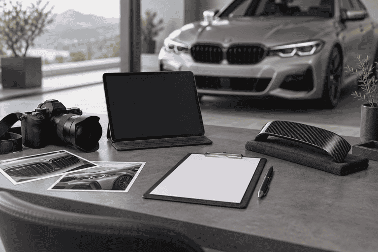 Concept of collecting vehicle photos and configuration information with a camera, tablet and blank checklist.