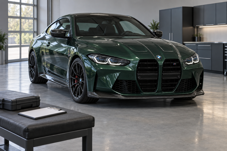 Concept of a green BMW G82 M4 with a carbon fiber front lip in a clean workshop.
