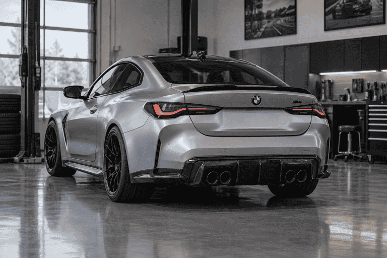 Rear three-quarter concept of a silver BMW G82 M4 with a carbon diffuser and paired exhaust outlets