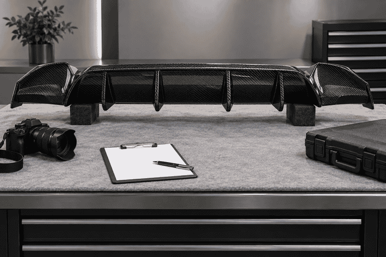 Concept of reviewing a carbon diffuser on padded supports beside a blank checklist.