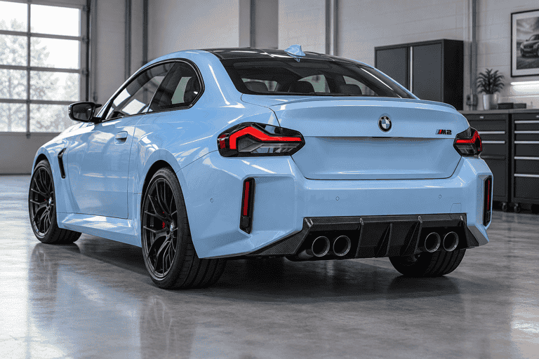 Concept rear view of a BMW G87 M2 with carbon diffuser styling.