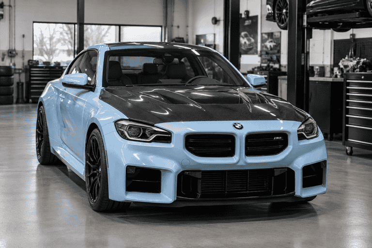 Front three-quarter concept of a blue BMW G87 M2 with a carbon fiber hood