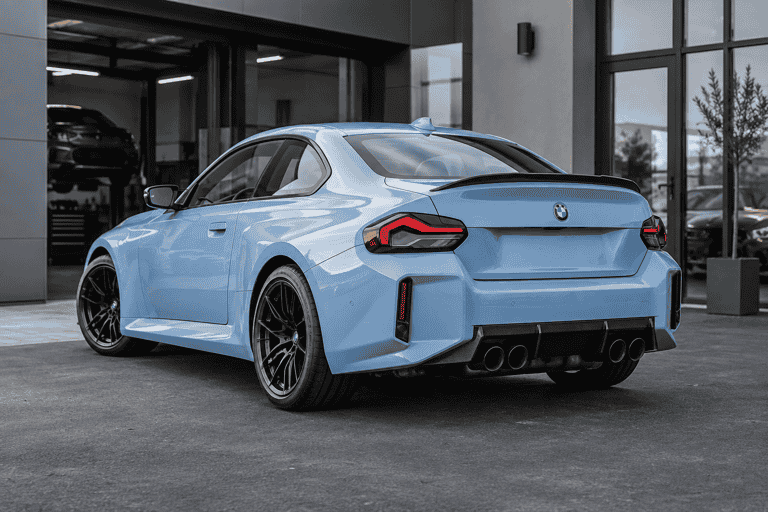 Rear three-quarter concept of a light blue BMW G87 M2 with a subtle carbon trunk spoiler