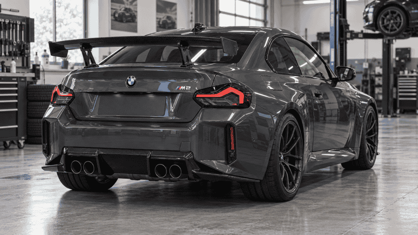 Rear three-quarter concept of a grey BMW G87 M2 with a supported carbon rear wing