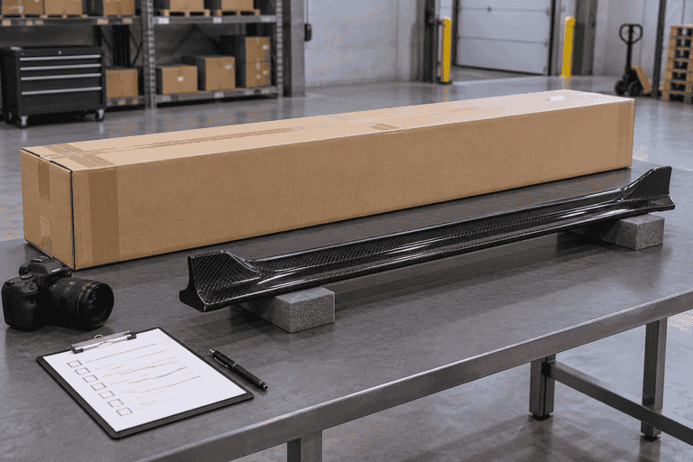 Concept of documenting a long aero-part delivery with a camera and blank checklist.