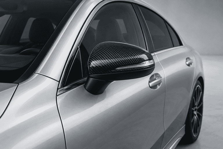 Concept detail of a carbon mirror cover on a silver Mercedes CLA-style car.