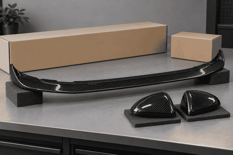 Concept of a carbon front lip and mirror caps beside differently sized shipping cartons.