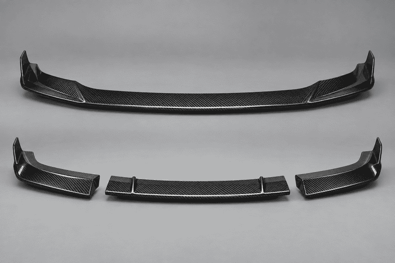 Concept comparison of a one-piece carbon front lip above a three-piece carbon front lip