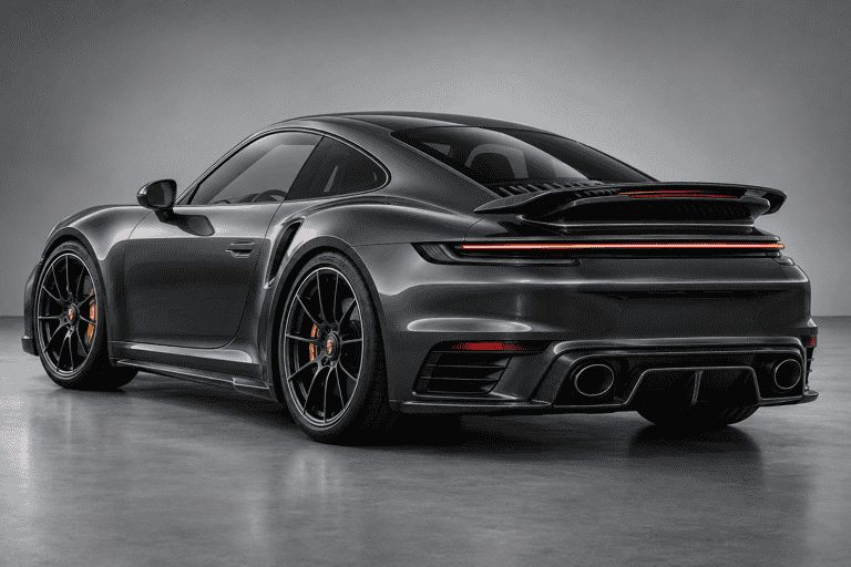 Concept of a silver Porsche 911 with carbon front-lip styling in a studio.