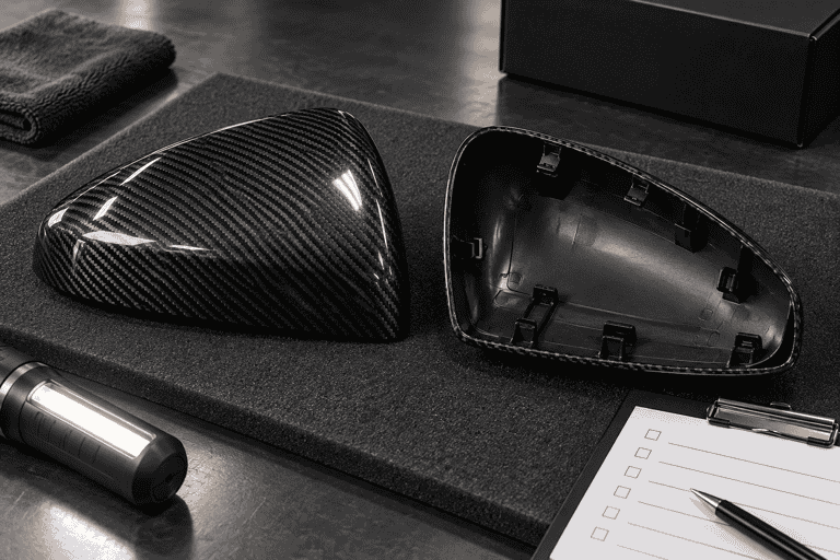 Concept view of two replacement carbon mirror caps on protective foam