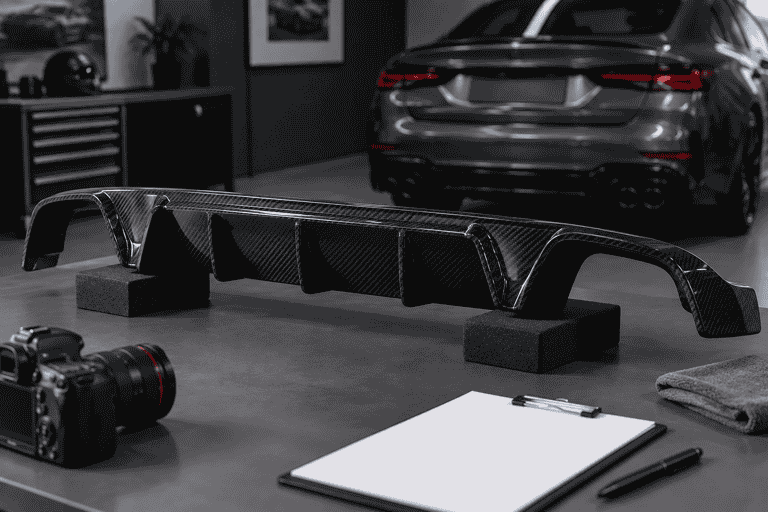 Concept of a carbon rear diffuser on padded supports beside a camera and blank checklist.