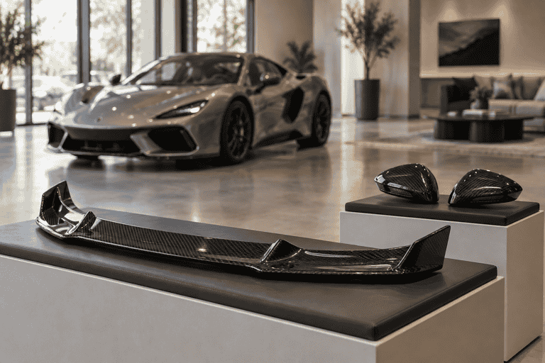 Concept of carbon parts displayed in a premium sports-car showroom.