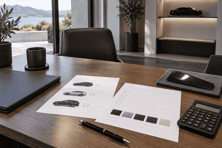 Concept of a dealership buying-plan desk with selection worksheets and a carbon trim sample.