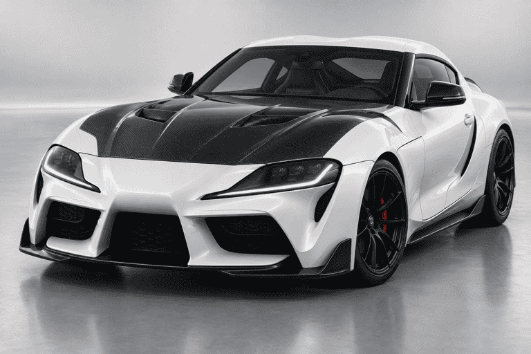 Concept of a white Toyota Supra with a carbon hood in a studio.