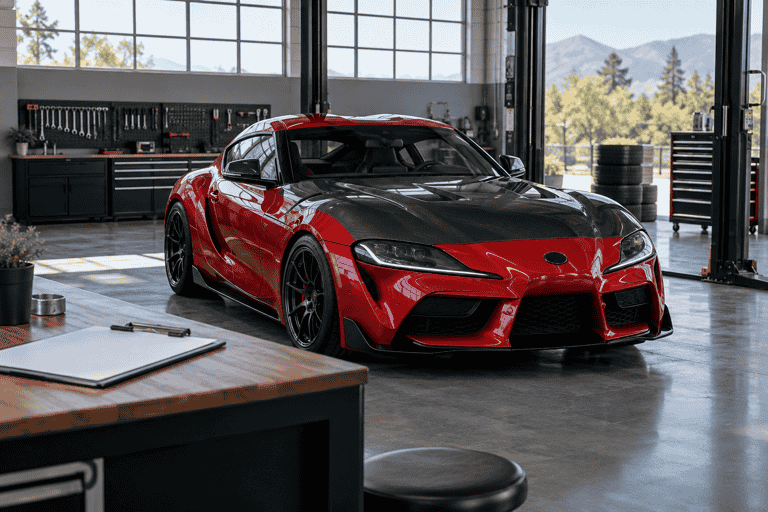 Concept of a red Toyota Supra with a closed carbon hood in a workshop.