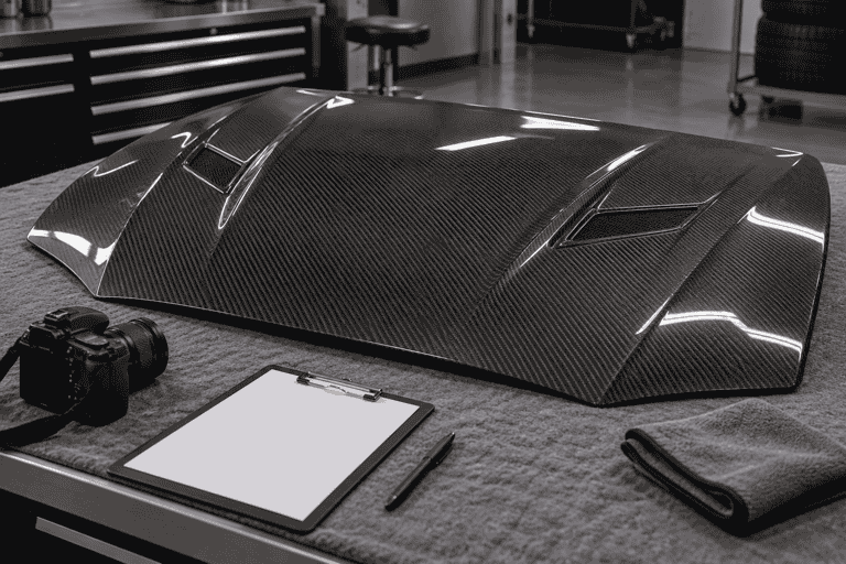 Concept of a carbon hood on a padded bench beside a camera and inspection checklist.