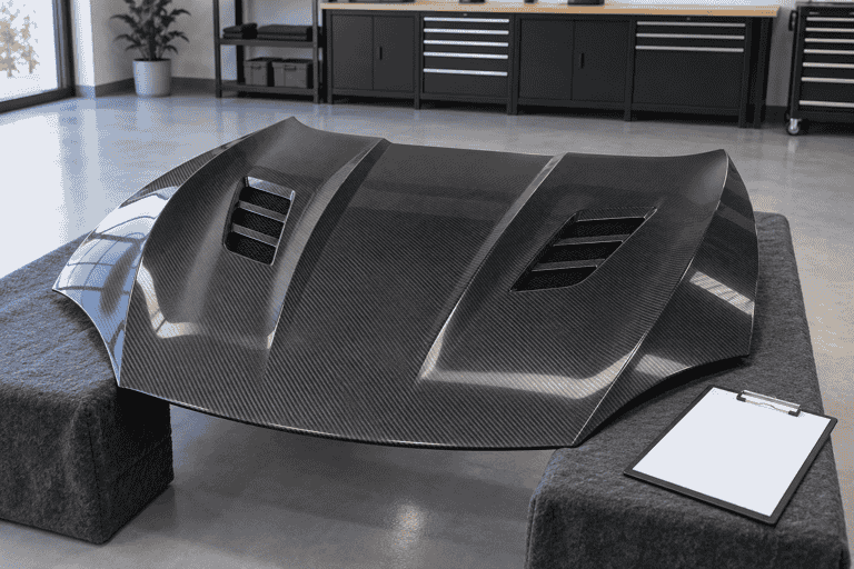 Concept of a vented carbon hood supported on padded stands beside a blank checklist.