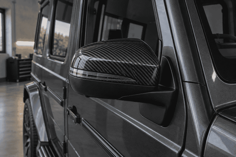 Concept detail of a carbon mirror cap on a dark G-Class-style SUV.
