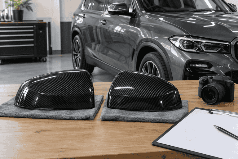 Concept of carbon SUV mirror covers on pads beside a camera and blank job sheet.
