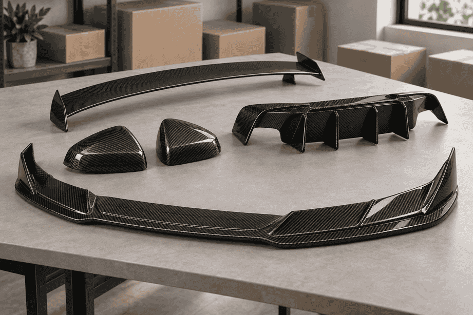 Concept assortment of carbon fiber front lip, mirror caps, rear spoiler and diffuser.