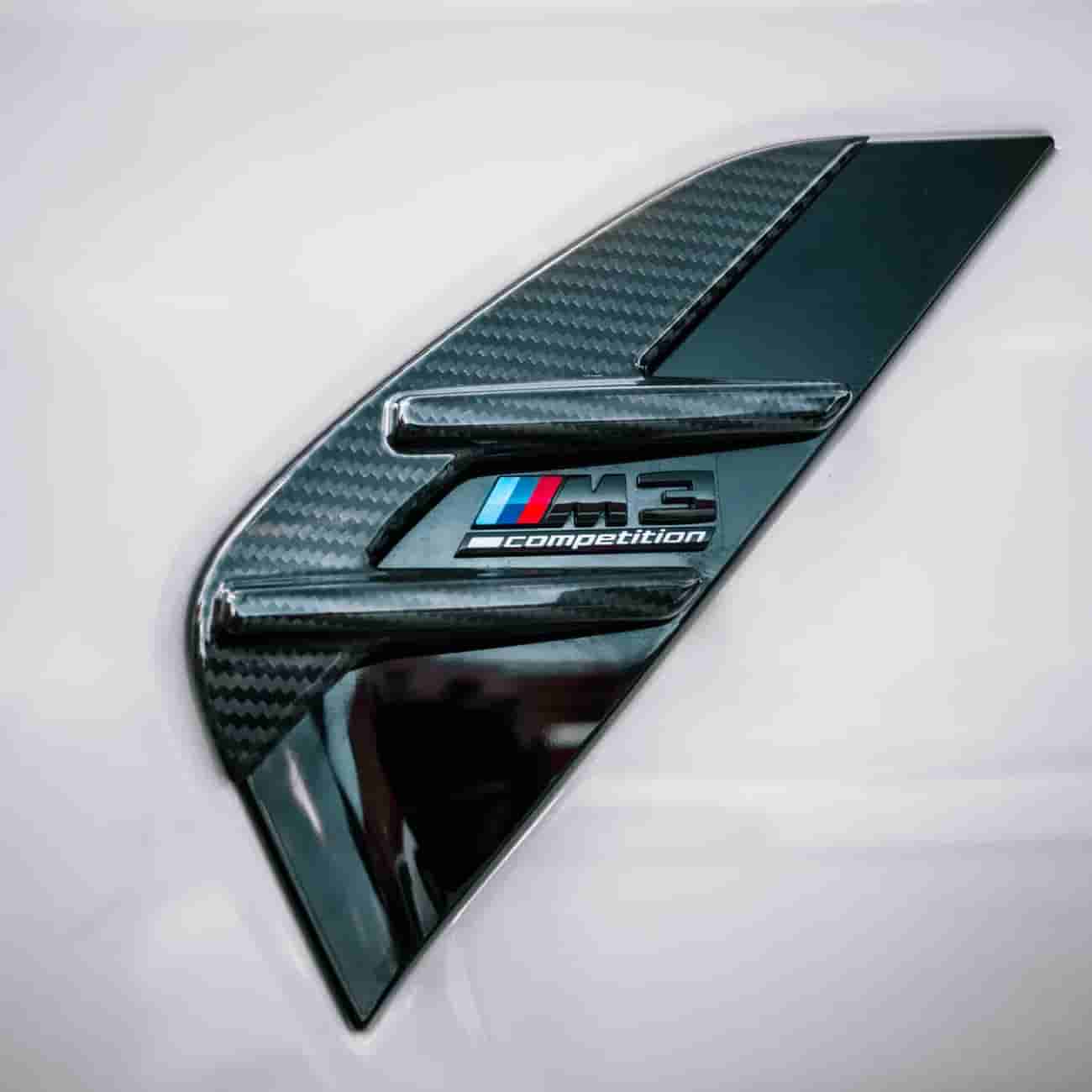 Close view of patterned fender trim around an existing badge.
