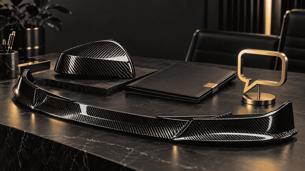 Editorial concept of carbon fiber parts beside a quotation folder and gold inquiry symbol.