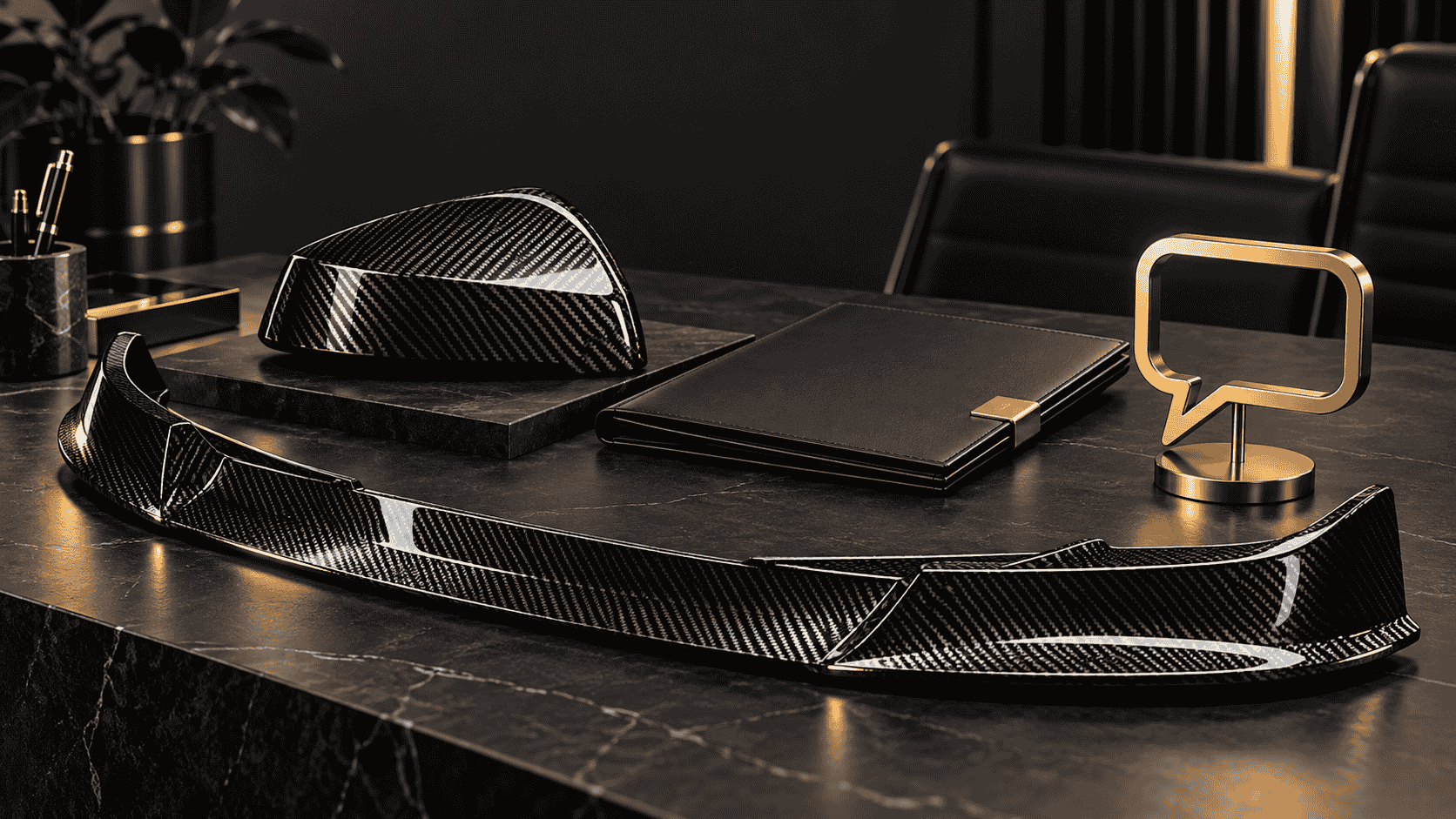 Editorial concept of carbon fiber parts beside a quotation folder and gold inquiry symbol.