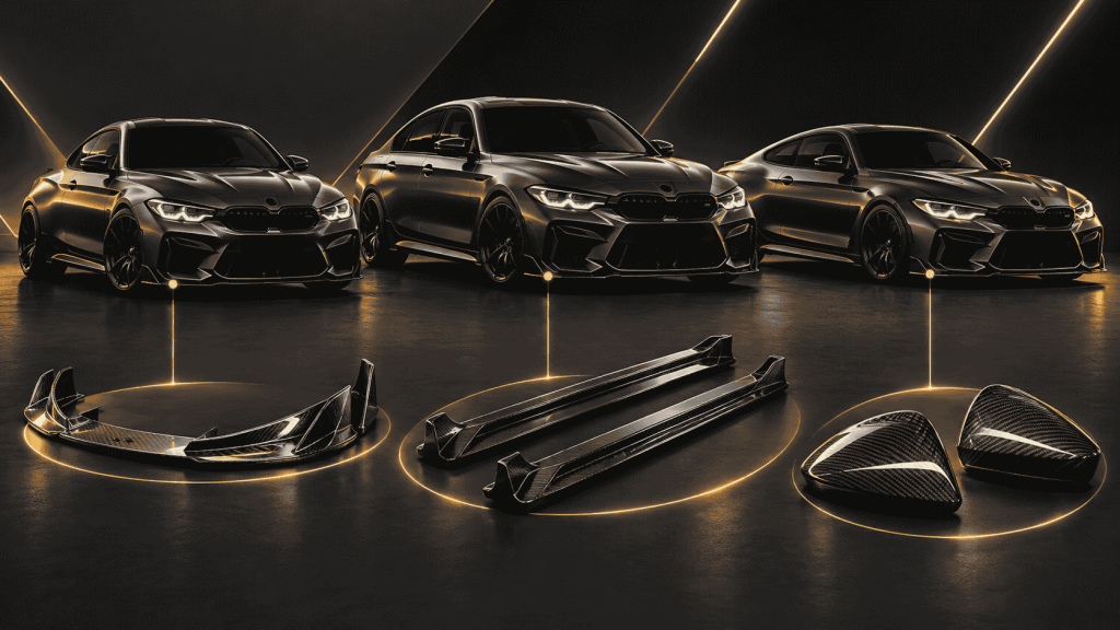 Editorial concept of performance cars and separated carbon fiber parts for a model-specific buying shortlist.