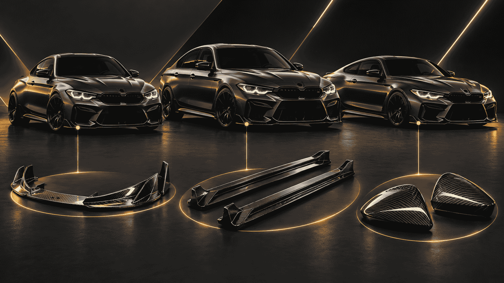 Editorial concept of performance cars and separated carbon fiber parts for a model-specific buying shortlist.