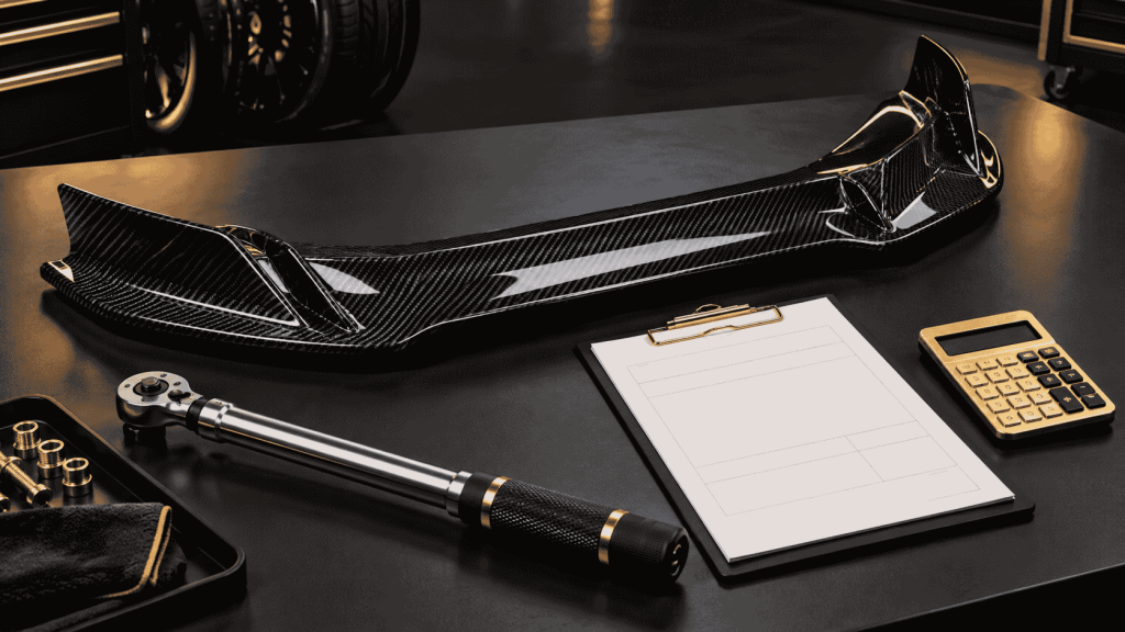 Editorial concept of a carbon fiber part, workshop tool, work order and calculator for package costing.