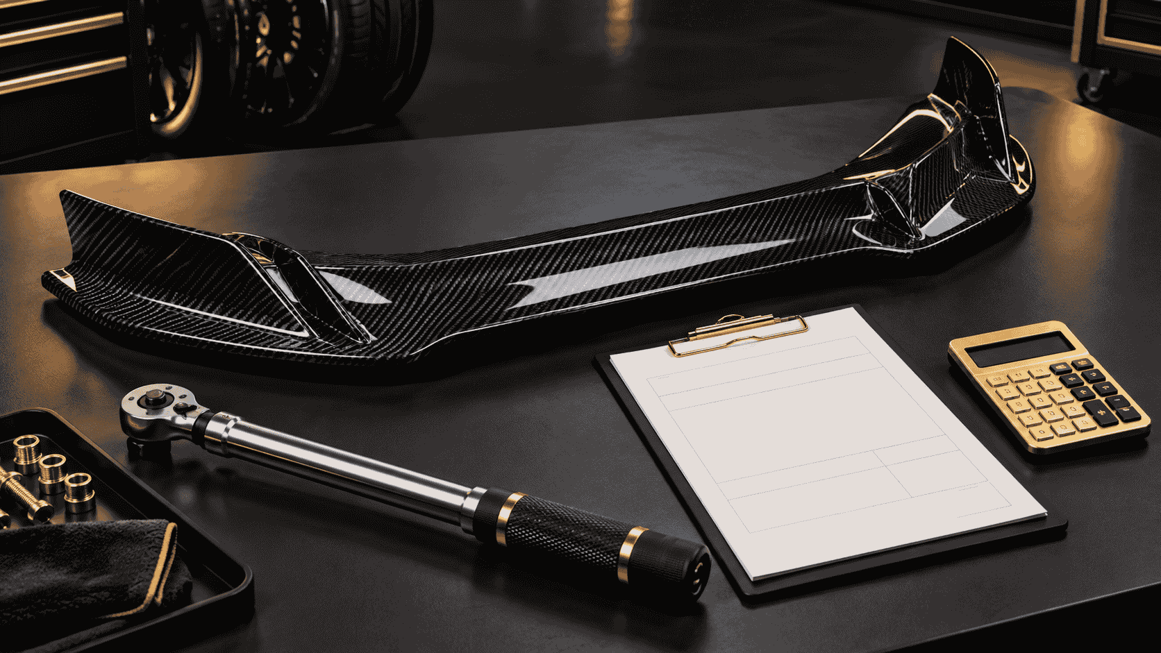 Editorial concept of a carbon fiber part, workshop tool, work order and calculator for package costing.