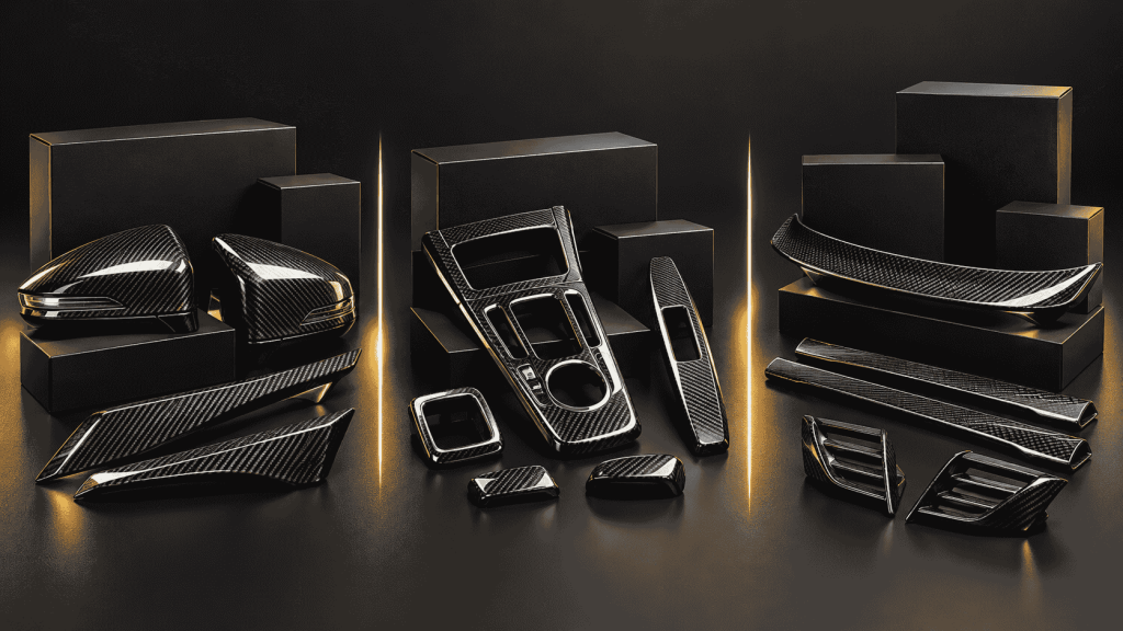 Editorial concept of separate carbon fiber product groups and cartons for a mixed-model trial order.