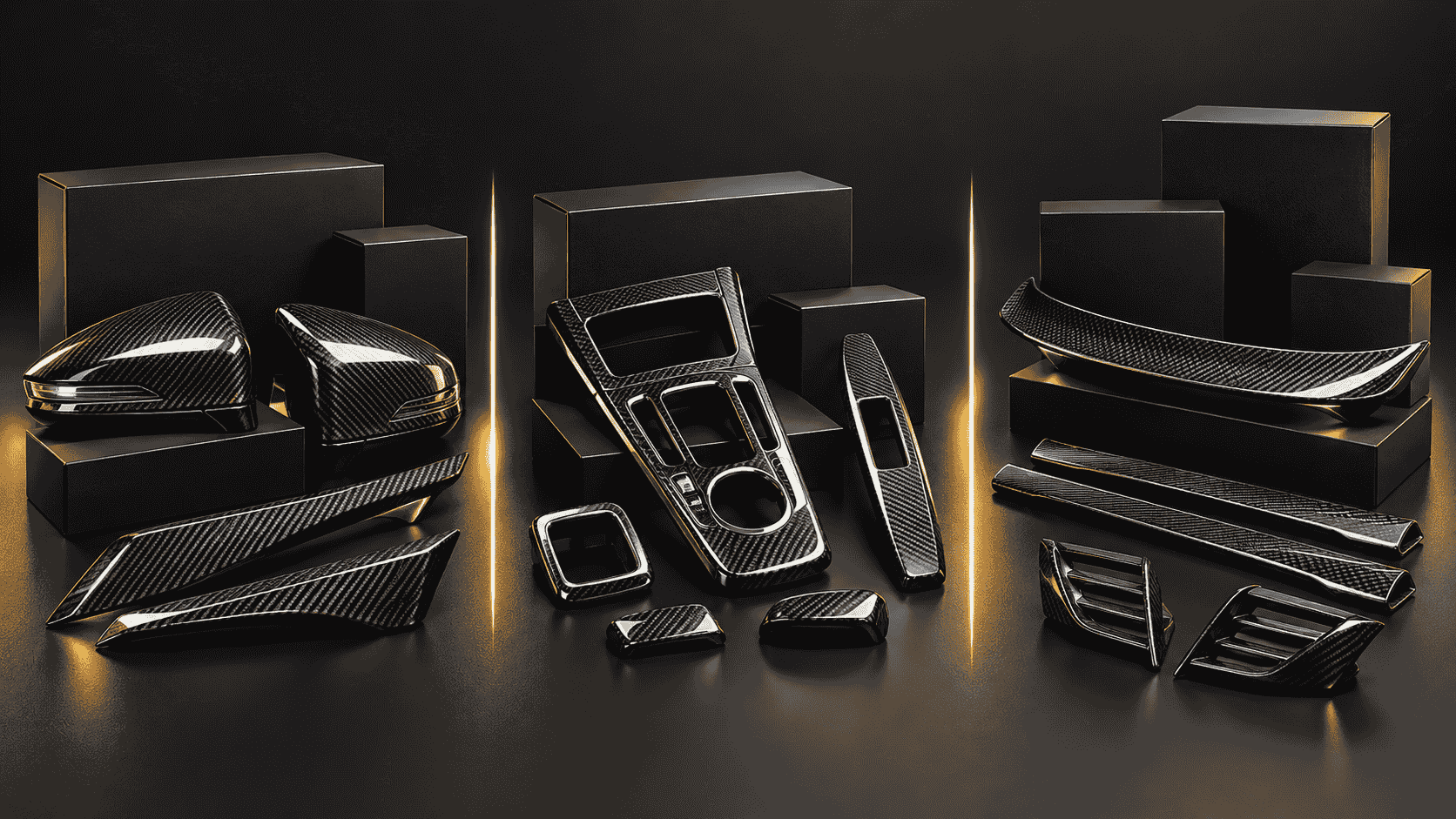 Editorial concept of separate carbon fiber product groups and cartons for a mixed-model trial order.