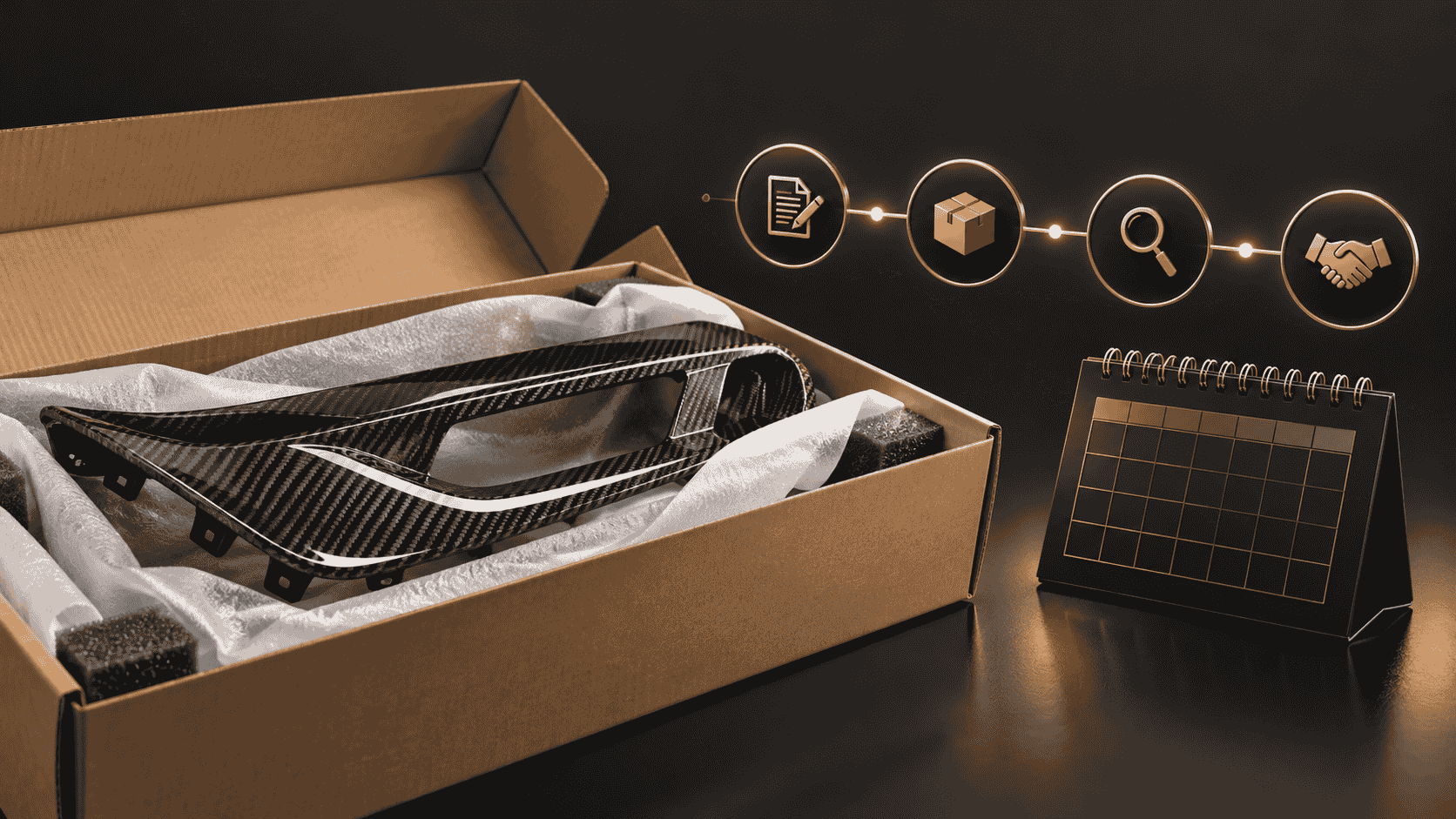 Editorial concept of a packed carbon fiber part with a planning calendar and order milestones.