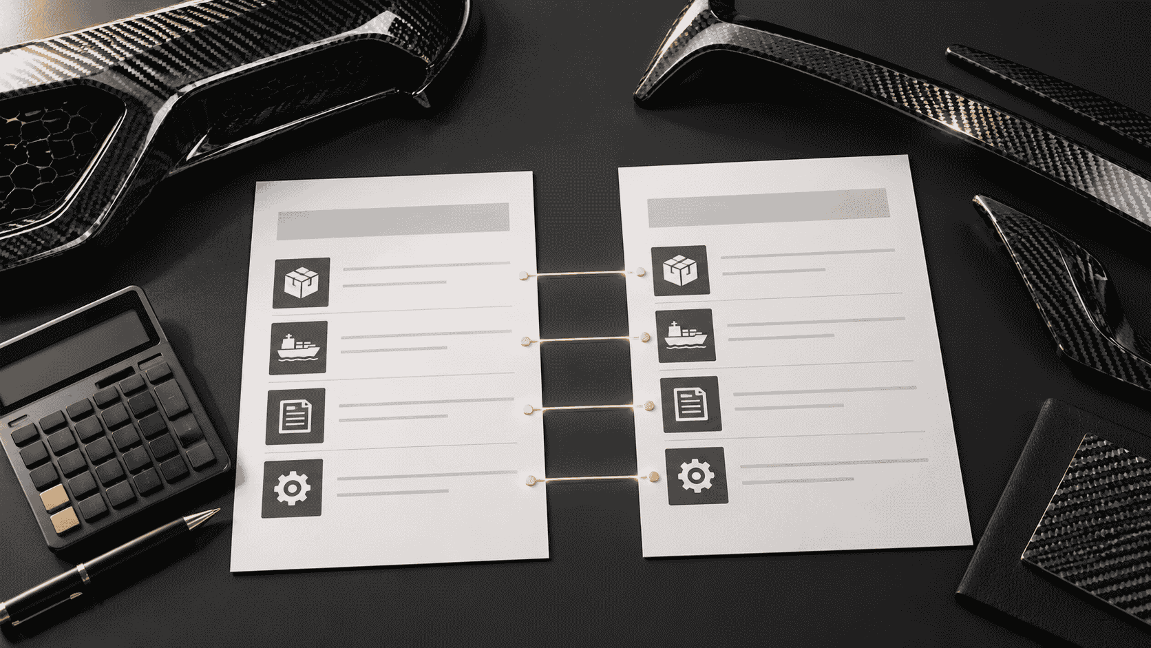 Editorial concept of two quotation sheets, a calculator and carbon fiber parts for comparing order scope.