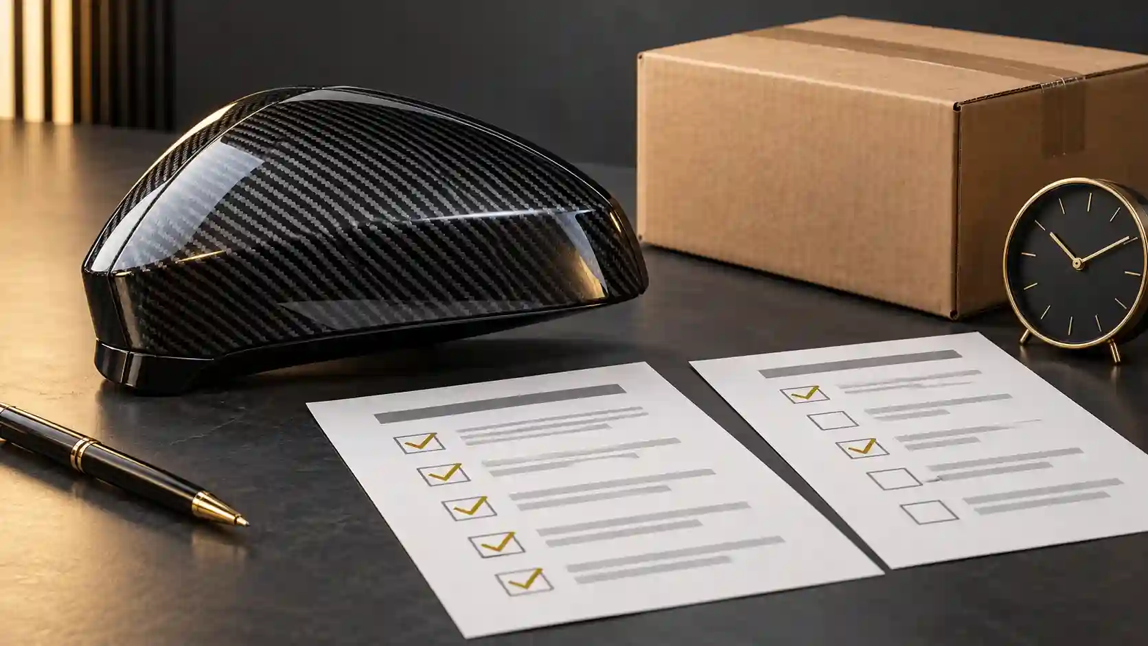 Illustration of a carbon mirror cap, warranty comparison sheets, a carton and a clock.