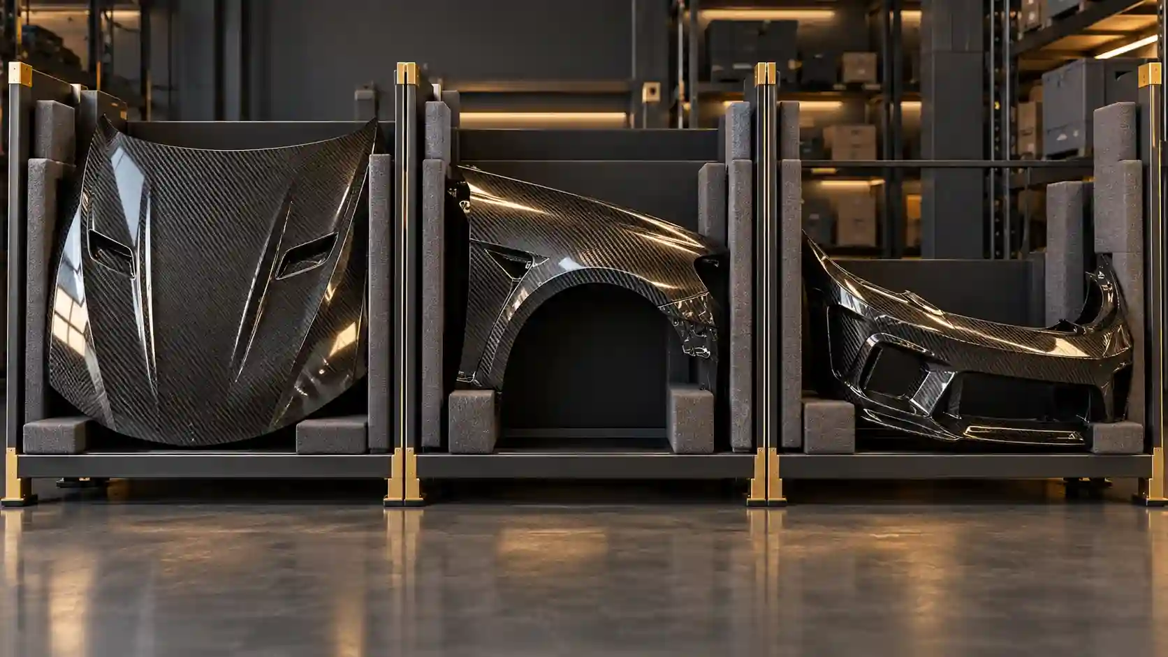 Illustration of carbon body panels separated in padded warehouse rack bays.