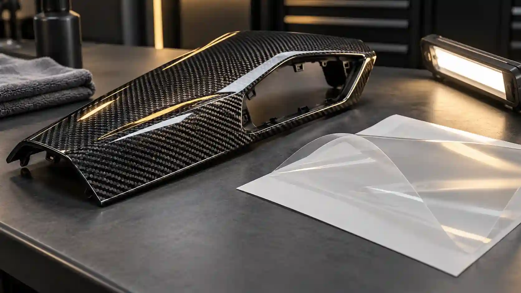 Illustration of carbon trim beside a protective film sample and inspection light.