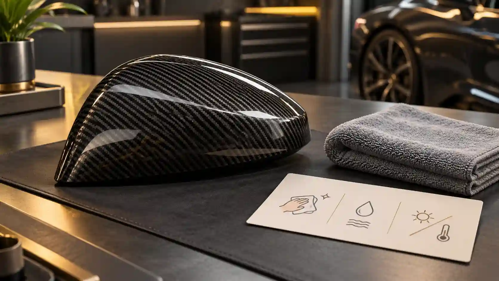 Illustration of a carbon mirror cap, microfiber cloth and customer care card.