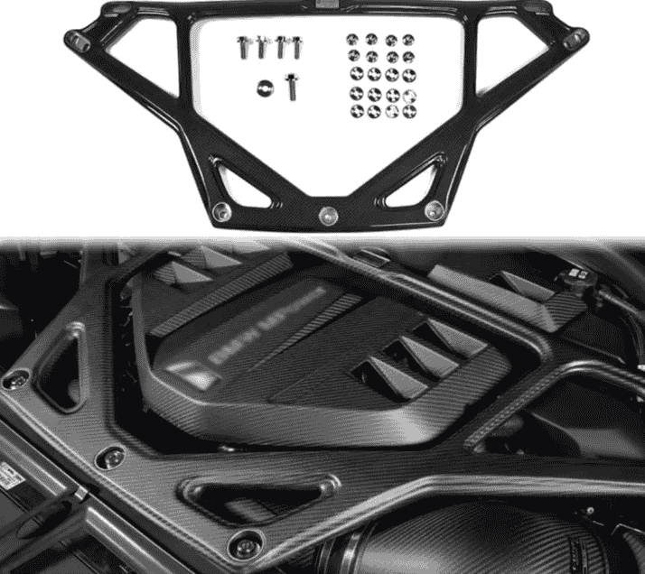 Composite of an engine-bay brace, fasteners and an installed engine-bay view.