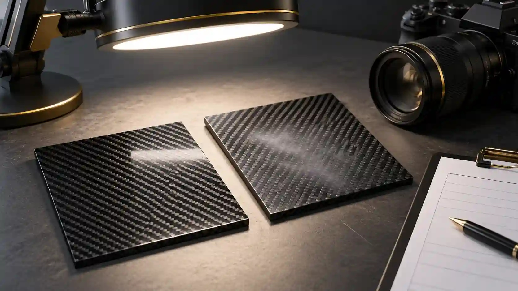 Illustration of carbon surface samples with different appearances under an inspection lamp.