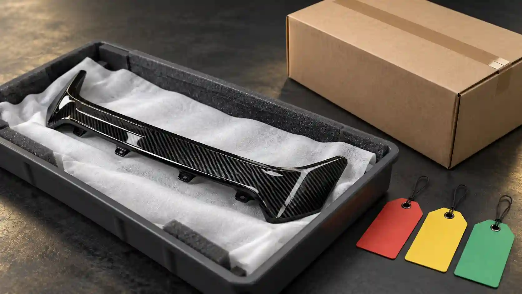 Illustration of returned carbon trim in a padded tray with inventory status tags.