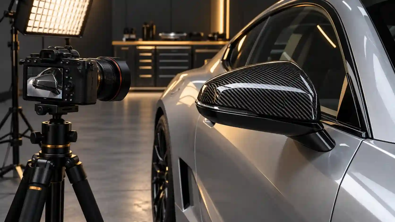 Illustration of a camera photographing an installed carbon mirror cap on a silver car.
