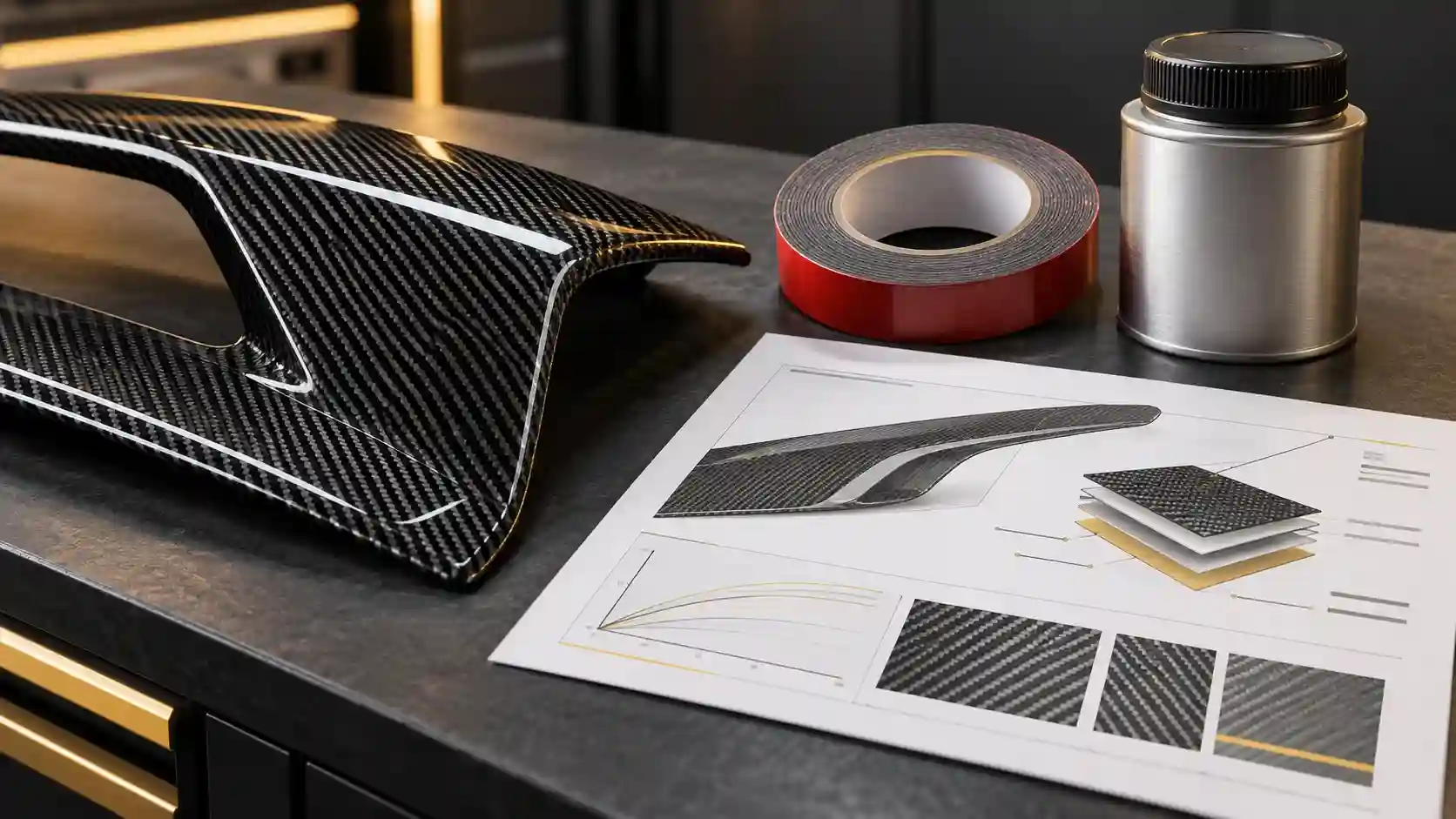 Illustration of carbon trim, adhesive materials and an abstract technical sheet.