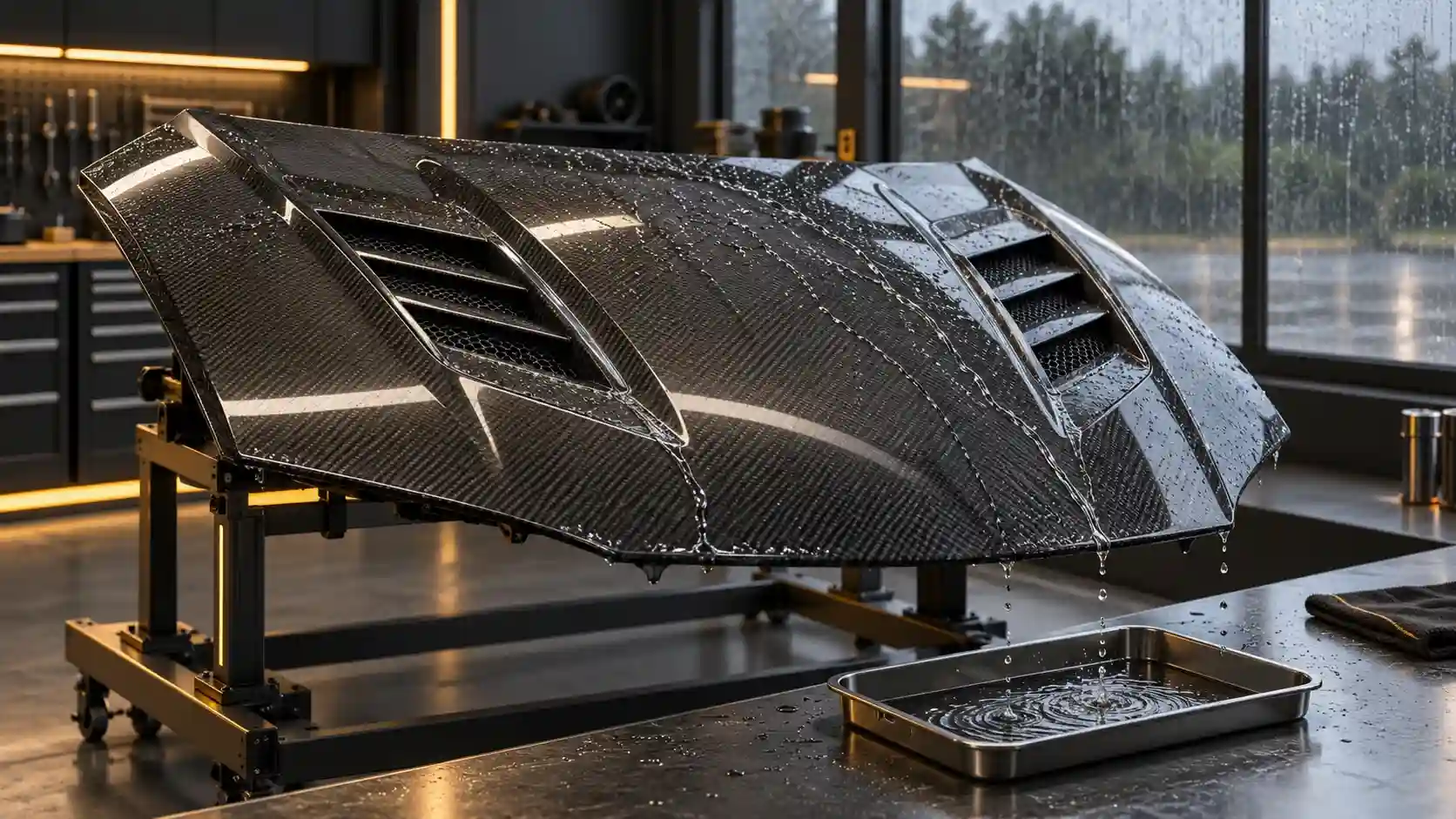 Illustration of a vented carbon hood and water-exposure questions in a workshop setting.