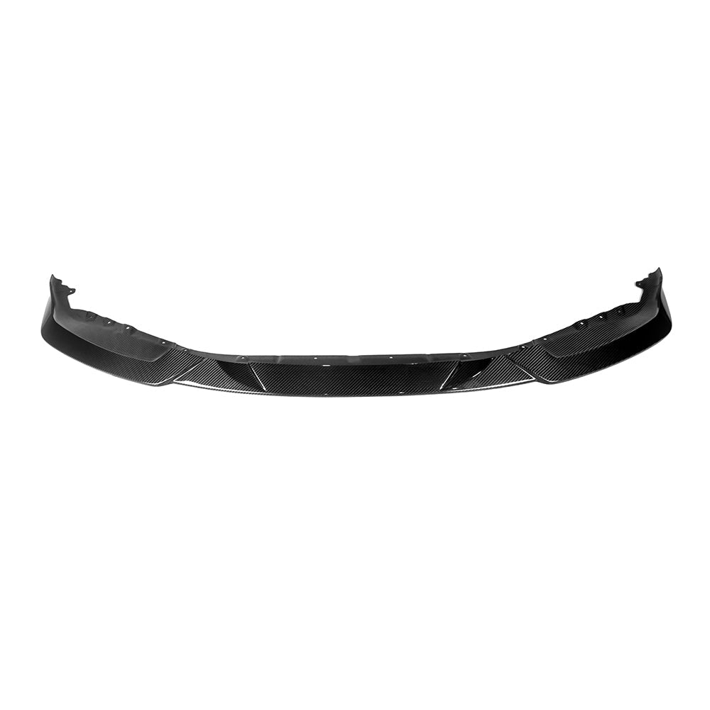 Angled view of a wide curved front lip.